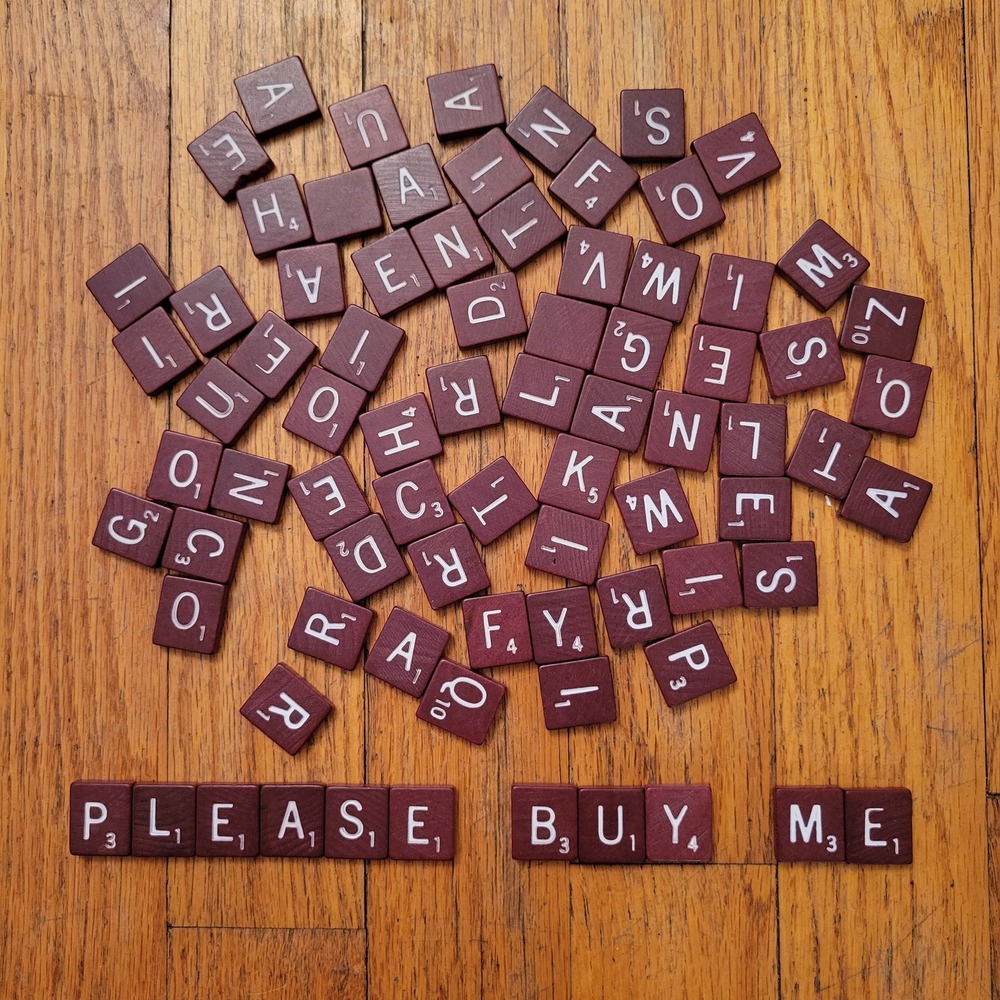 Scrabble Replacement Game Tiles Burgundy Wood White Letters Vintage Crafting